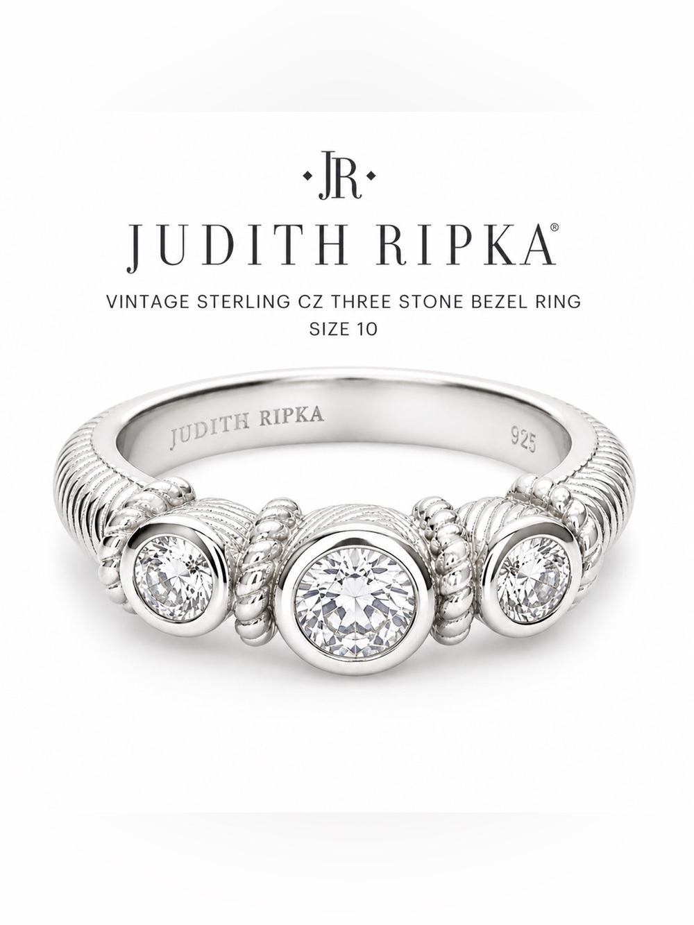 C130 Judith Ripka Vintage Sterling CZ Three Stone Bezel Ring Sz10